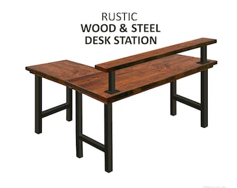 30"H) Desk Work Station w/H-Style Steel Legs, L-Shaped Desk Rustic Wood Steel Desk Urban Wood Desk Corner Desk Station Computer Office Desk