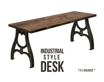 Industrial Wood Desk: Cast Metal Legs, Solid Wood Top