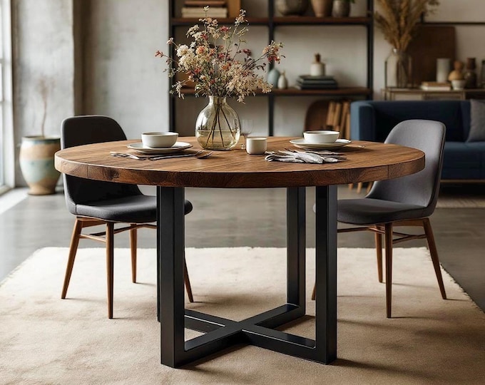 Handcrafted Round Rustic Wood Table: Solid Wood & Steel