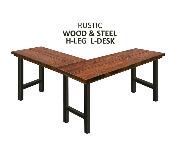 FREE SHIPPING! L-Shape Desk H-Leg, Rustic Wood & Steel Desk, Industrial Desk, Urban Wood Desk Work Station Desk Office Desk Computer Desk