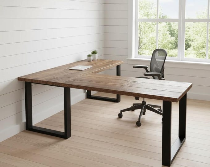 TRUMAKE™ L-Shaped Desk, Wood Steel L-Desk, Home Office Desk, Rustic Corner Desk, Farmhouse Desks, Modern Industrial Desk, Computer Desk, USA