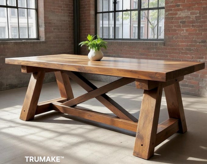 TRESTLE TABLE | Thick Wood Rustic Dining Table | Harvest Dining Table | Rugged Wood Table Heavy Table Kitchen Farm Table Handcrafted in USA