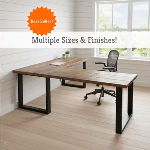 TRUMAKE™ L-Shaped Desk, Wood Steel L-Desk, Home Office Desk, Rustic Corner Desk, Farmhouse Desks, Modern Industrial Desk, Computer Desk, USA