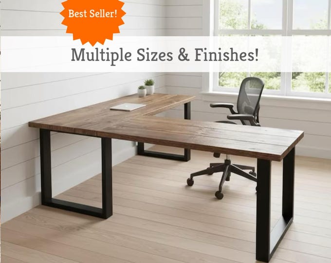 TRUMAKE™ L-Shaped Desk, Wood Steel L-Desk, Home Office Desk, Rustic Corner Desk, Farmhouse Desks, Modern Industrial Desk, Computer Desk, USA
