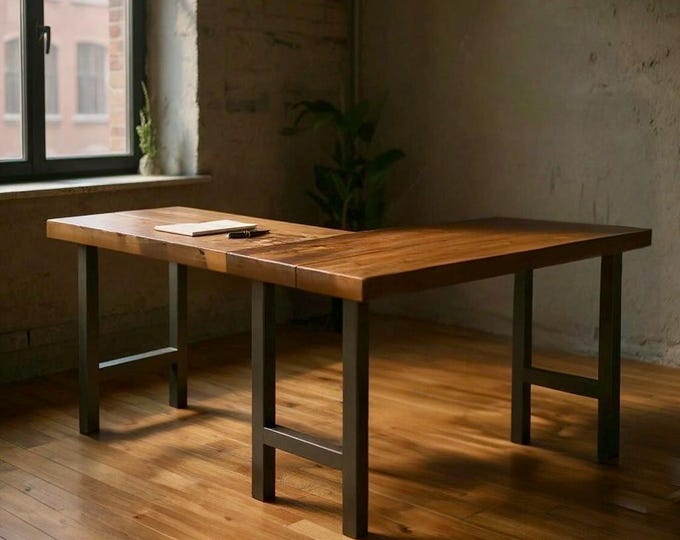 H-Leg Rustic L-Shaped DESK Wood Steel L-Shaped Desk, Home Office Desk, Computer Dresk, Corner Desk, Farmhouse Desks, Modern Industrial Desks