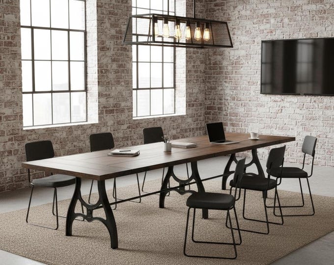 Industrial Style Solid Wood Dining Table: Cast Metal Machine Legs
