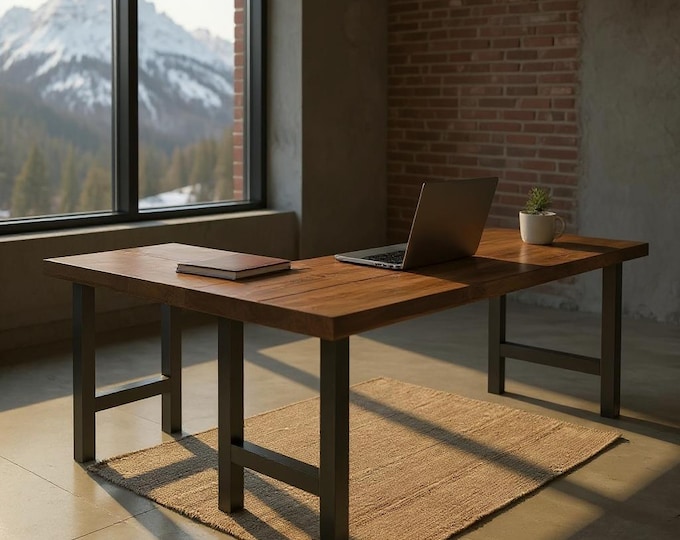 Rustic Wood L-Shaped Desk Wood Steel L-Shaped Desk, Home Office Desk, Computer Desk Any Size Corner Desk, Farmhouse Modern Industrial Desks