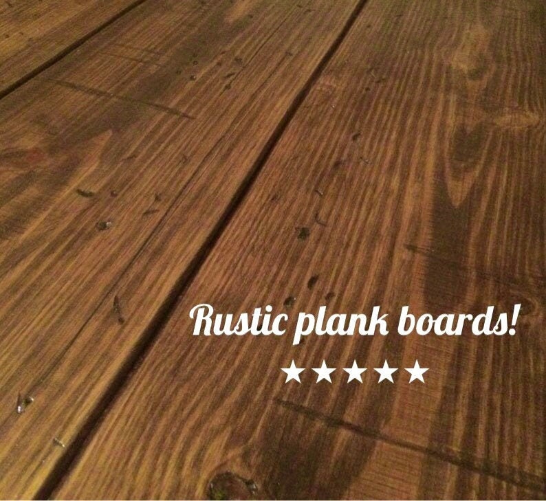 May include: Close-up of rustic plank boards with a warm brown tone. The boards have visible wood grain and knots, with the text "Rustic plank boards!" and five white stars.