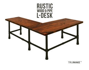 L-Shaped Industrial Style Desk, Corner Desk, Wood & Pipe Desk, Rustic Wood and Steel Pipe Desk, Urban Wood Desk, Office Desk Computer Desk