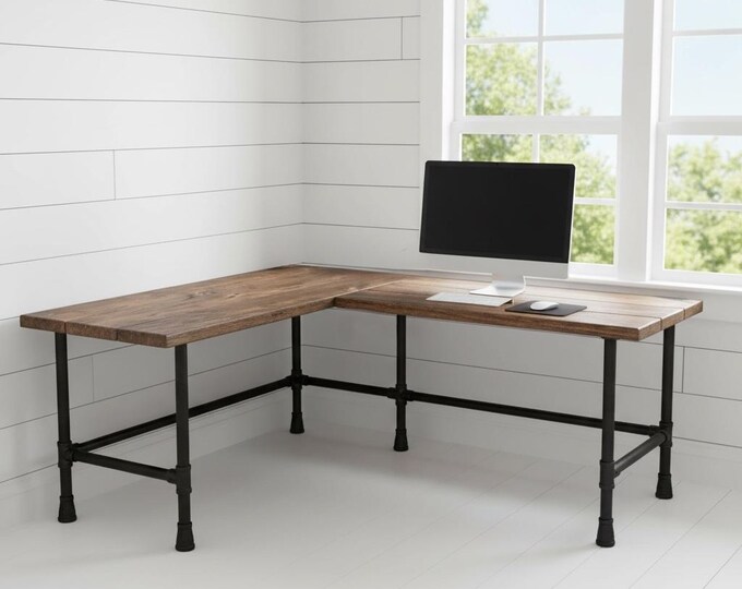 L-Shaped Desk, Corner Desk, Wood & Pipe Desk, Solid Wood Desk, Rustic Wood and Steel Pipe Desk, Urban Wood Desk, Office Desk Computer Desk