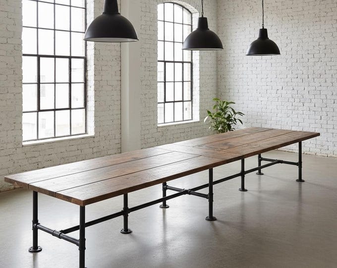 Conference Table, Industrial Pipe Conference Table, Office Table, Urban Wood Table, Large Pipe Table Rustic Wood & Pipe Table