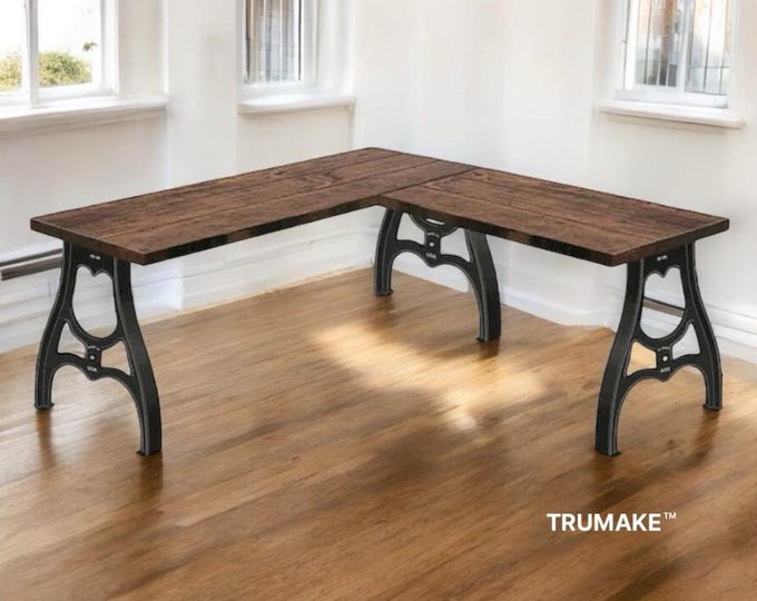 Vintage Style L-Desk Industrial Machine Leg Style Wood Steel L-Shaped Desk, New York Office Desk, Gift, Home Office Desk, Rustic Corner Desk