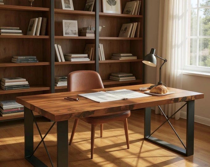 Wood Desk with Steel Square X-Legs, Industrial Style Desk Home Office Rustic Wood and Steel Desk Urban Wood Desk, Modern Desk, Computer Desk