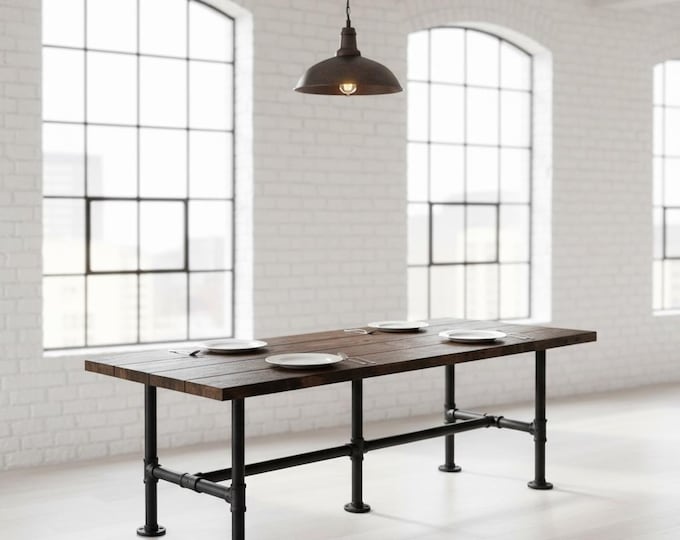 Wood Farmhouse Table Industrial Pipe Table, Solid Wood Table Industrial Dining Table Urban Wood Table Vintage Style Farm Table Harvest Table