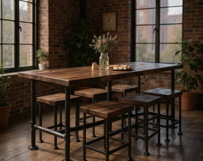 Bar Table with Bar Stools Set, Rustic Wood and Steel Pipe, Industrial Counter Height Table, Pub Tabl, Kitchen Breakfast Table, Modern Table