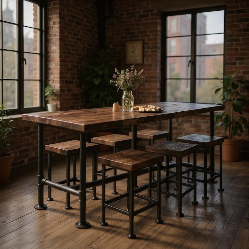 Bar Table With Bar Stools Set, Rustic Wood and Steel Pipe, Industrial ...