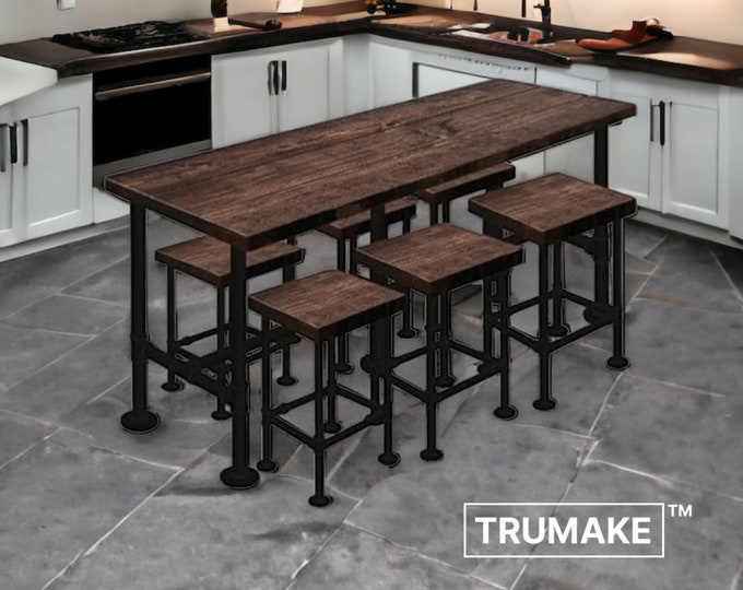 Bar Table with Bar Stools Set, Rustic Wood and Steel Pipe, Industrial Counter Height Table, Pub Tabl, Kitchen Breakfast Table, Modern Table