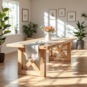 Handcrafted Rustic Wood Dining Table: Solid Wood Legs, Plank Top