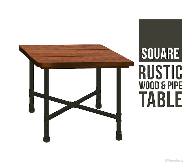 May include: Square rustic wood and pipe table with a brown wooden top and black metal legs. The table is made of reclaimed wood and pipe.