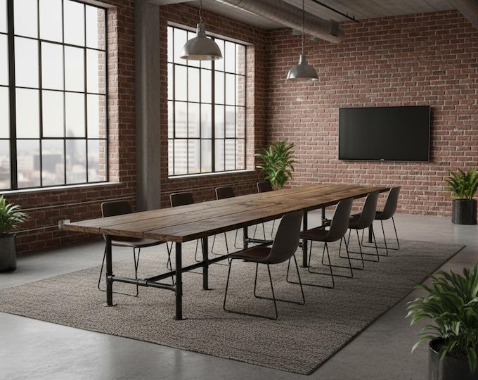 Giant Conference Table Rustic Wood & Pipe Table, Industrial Table Urban Wood Table Rustic Wood and Pipe Table Harvest Table Farmhouse Table