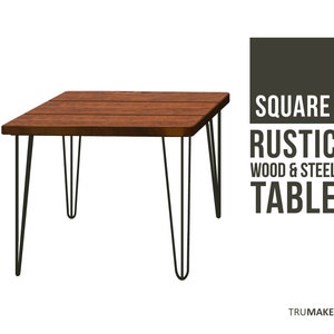 Square Hairpin Leg Table, Rustic Hairpin Table, Hair pin Leg Rustic Wood Dining Table, Urban Wood Table, Handcrafted Wood and Steel Table
