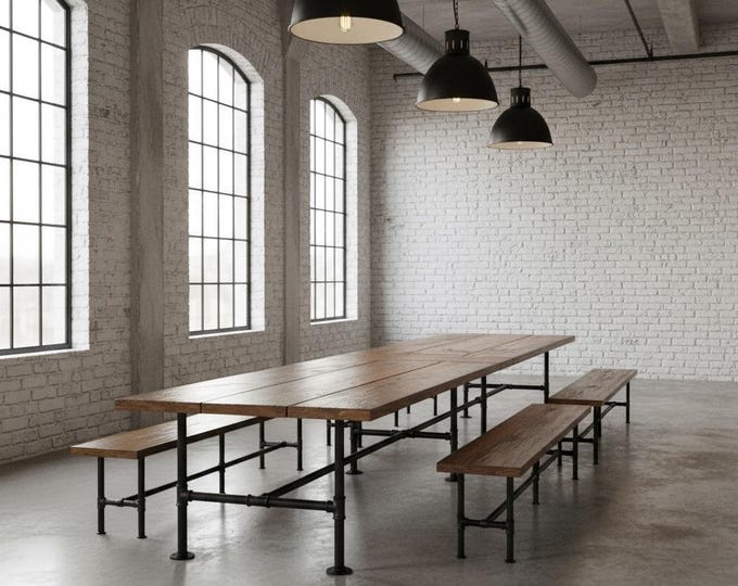 Large Dining Table Rustic Wood and Pipe Table: Industrial Style Harvest Table Farmhouse Table, Restaurant Table