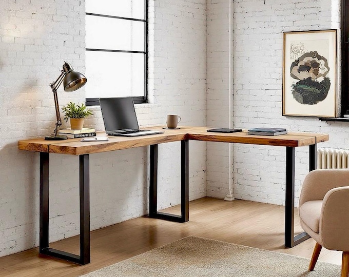 TRUMAKE™ L-Shaped Desk, Wood Steel L-Desk, Home Office Desk, Rustic Corner Desk, Farmhouse Desks, Modern Industrial Desk, Computer Desk, USA