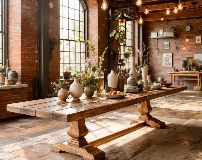 PEDESTAL WOOD TABLE | Handcrafted Thick Solid Wood Rustic Dining Table | Harvest Dining Table | Heavy Rugged Wood Table | Kitchen Farm Table