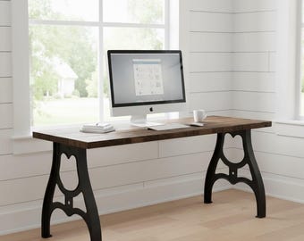 Industrial Wood Desk: Cast Metal Legs, Solid Wood Top