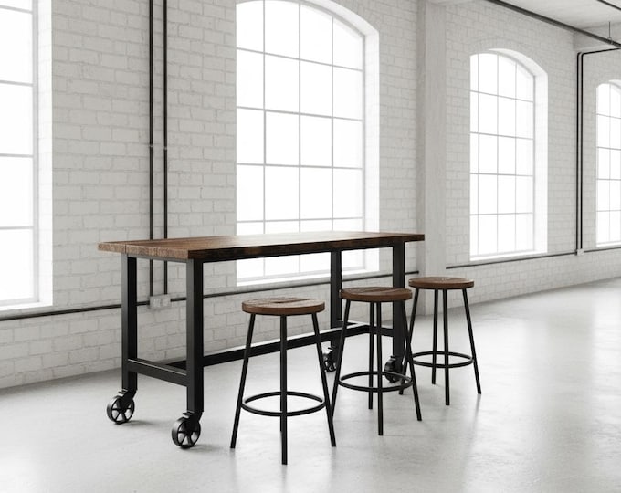 Mobile Bar Table | Rustic Wood & Steel with Locking Wheels