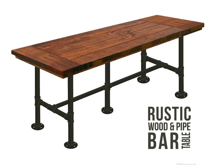 118" Long BAR TABLE with Industrial Steel Pipe Legs and Rustic Wood Top and Breadboard Ends