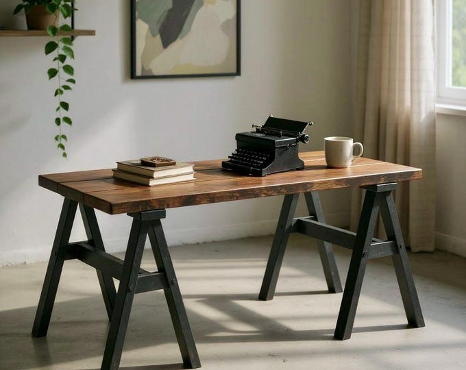Sawhorse Desk, Handmade Rustic Wood Desk, Home Office Desk, Modern Desk Farmhouse Desks, Industrial Style Desk, Computer Desk