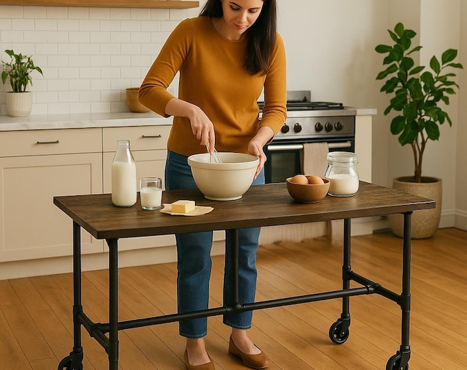 Mobile Table Counter Height Rolling Bar Table | Butcherblock Wood Bar Pub Table Restaurant Bar Table Caster Wheels | Industrial Bar Table