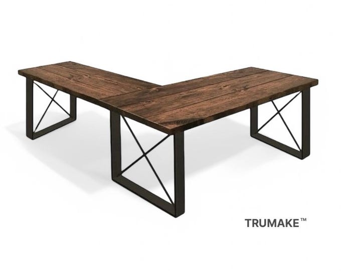L-Shape Desk, Square-X Leg, Rustic Wood & Steel Desk, Industrial Style Desk, Urban Wood Desk Modern Farmhouse Desk Office Desk Computer Desk