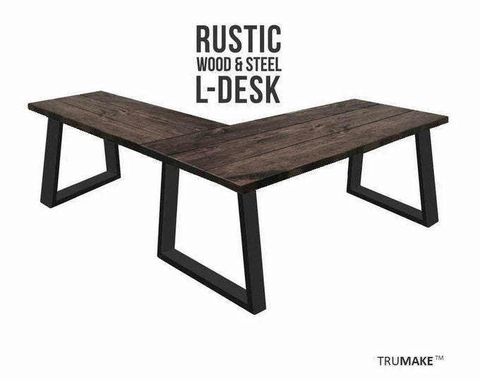 RUSTIC L-SHAPED DESK. Trapezoid Legs. Solid Wood Plank Boards Desk.