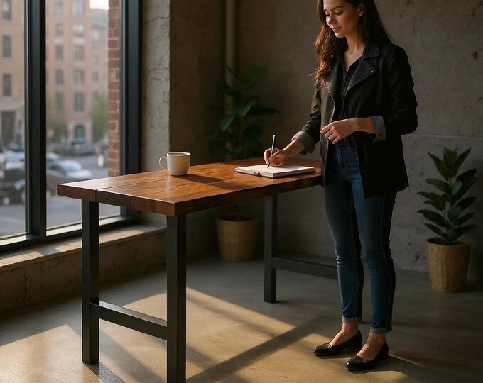 42" Tall Standing Desk with H-STYLE Steel Legs, Modern Industrial Table, Rustic Wood, Industrial Chic Style Urban Wood Table, Standing Table