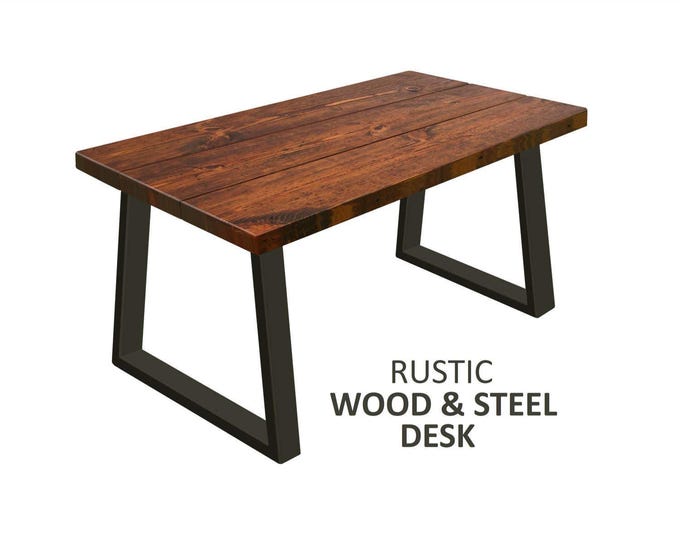 Rustic Wood and Steel Desk: Industrial Home Office Desk with Trapezoid Legs