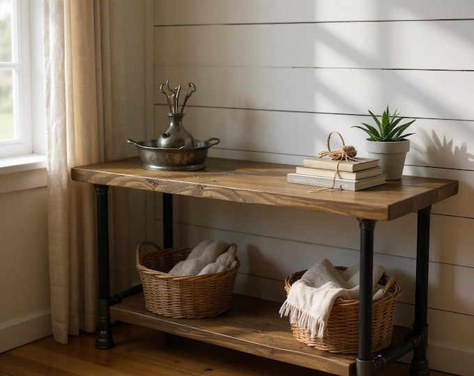 Entry Table, Console Table with Shelf, Pipe Sofa Table, Urban Wood Industrial Hall Table Hallway Table, Rustic Wood and Pipe Console Table