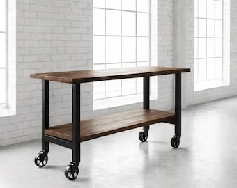 Mobile Bar Table Island on Caster Wheels with Lower Shelf. Handcrafted from Rustic Wood and Steel. Custom Sizes Available!
