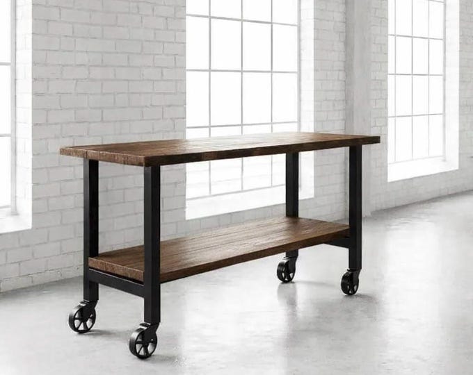 Mobile Bar Table Island on Caster Wheels with Lower Shelf. Handcrafted from Rustic Wood and Steel. Custom Sizes Available!