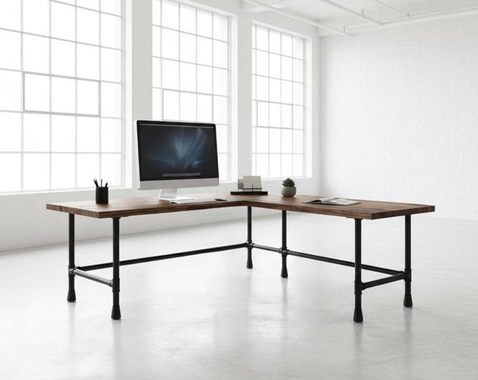 L-Shaped Desk, Corner Desk, Wood & Pipe Desk, Industrial Desk, Rustic Wood and Steel Pipe Desk, Urban Wood Desk, Office Desk Computer Desk
