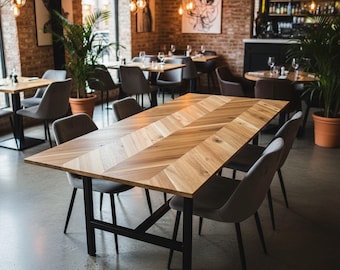Chevron Table with H-Style Legs with center brace, Modern Table, Wood & Steel, Table Industrial Dining Harvest Table Farmhouse Dining Table