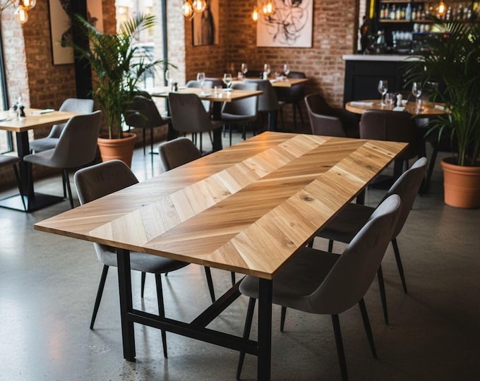 Chevron Table with H-Style Legs with center brace, Modern Table, Wood & Steel, Table Industrial Dining Harvest Table Farmhouse Dining Table
