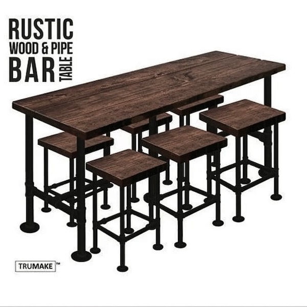 Bar Table and Bar Stools Set, Rustic Wood and Steel Pipe, Industrial Counter Height Table, Pub Tabl, Kitchen Breakfast Table, Modern Table