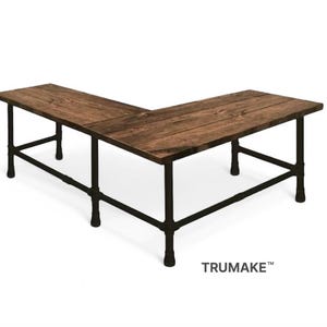 TRUMAKE™ L-Shaped Desk, L-Desk, Industrial Style Pipe and Wood Computer Desk, Corner Desk, Rustic Wood Desk, Wood Desk, Office Desk, USA