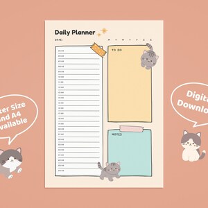 Cute Daily Planner Printable, Gray Cartoon Cat Printable Planner ...
