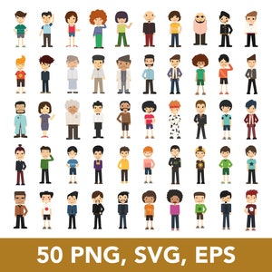 Flat Cartoon Characters, Diversity of People Characters, Different jobs, SVG bundle, PNG, EPS, Vector Files, 50 Clip Arts - Digital Download
