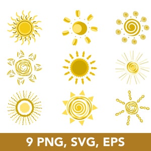 May include: Nine different yellow sun designs with various patterns and styles. The suns are isolated on a white background.