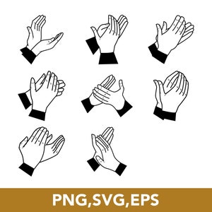 May include: Nine black and white illustrations of hands clapping. The hands are drawn in a simple, stylized manner.