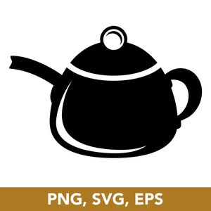 May include: A black teapot silhouette with a curved spout, handle, and lid. The lid features a small, circular knob. The image is a vector graphic, with the text "PNG, SVG, EPS" at the bottom.